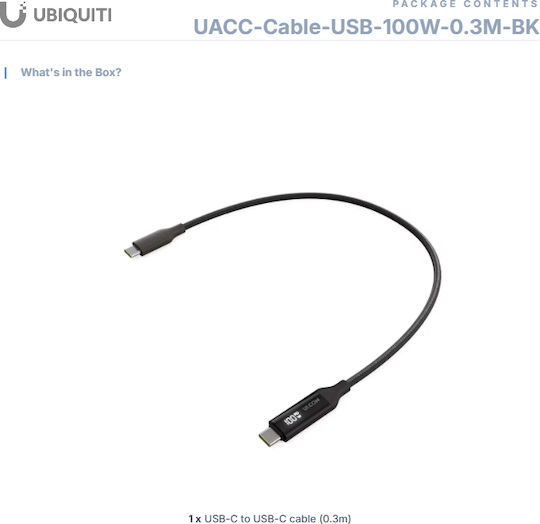 Ubiquiti USB 2.0 Cable USB-C Male - USB-C 100W PD Black 0.3m UACC-Cable-USB-100W-0.3M-BK