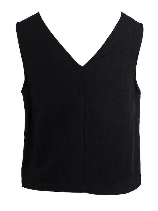 Women's Summer Linen Sleeveless Blouse with V Neckline Black