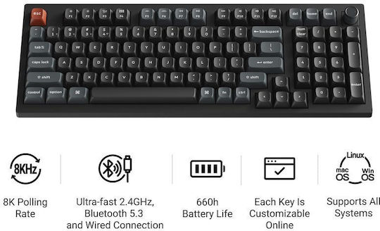 Keychron V5 Ultra 8K V5U-D3 Wireless Gaming Mechanical Keyboard 96% with Keychron Silk POM Brown Switches and RGB Lighting (English US)