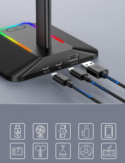 Suport Pentru Căști On-ear Iluminare LED RGB Zola Multifuncțional 2 Porturi USB 2.0 Încorporate Cablu Alimentare Aluminiu Plastic 12.3 X 10.3 X 26.7 Cm Negru