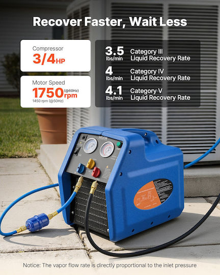 Vevor Portable Refrigerant Recovery Machine 3/4 Hp 220v 50hz Single Cylinder Ac Recovery Machine Liquid Vapor Refrigerant 1450 Rpm Recycling Unit Hvac Automotive & Household Air Conditioning Lmhsjbxsysdjt9pfp001v2