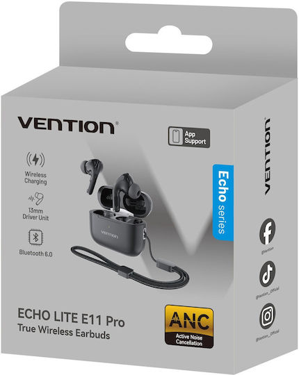 Vention Echo Lite E11 Pro In-ear Bluetooth Handsfree Ακουστικά με Αντοχή στον Ιδρώτα και Θήκη Φόρτισης Μαύρα