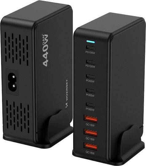 Wozinsky Charging Stand GaN with 3 USB-A Ports and 5 USB-C Ports 440W Power Delivery / Quick Charge 4.0 in Black color (WSL-440)