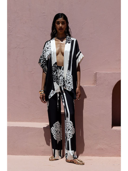 Pantaloni Largi Dama în Fit Lejer Ecru / Negru