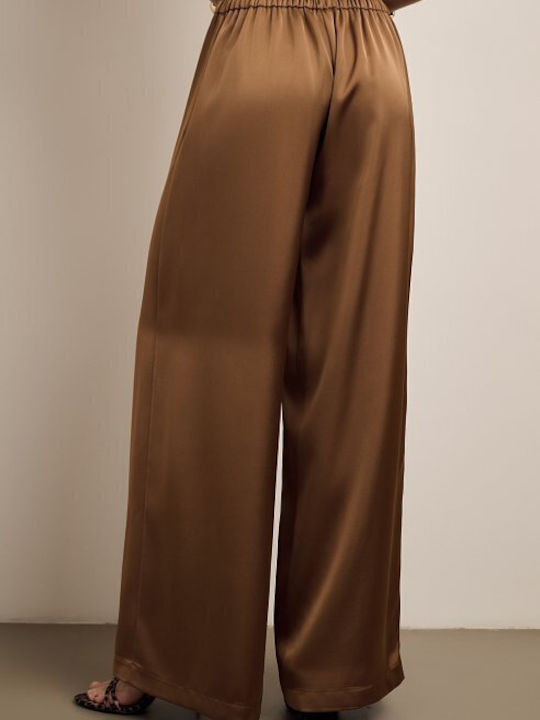 Women's Satin Trousers with Rubber Band in Loose Fit Brown