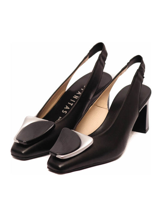 Leder Pumps mit Chunky Mittelhohem Absatz Schwarz