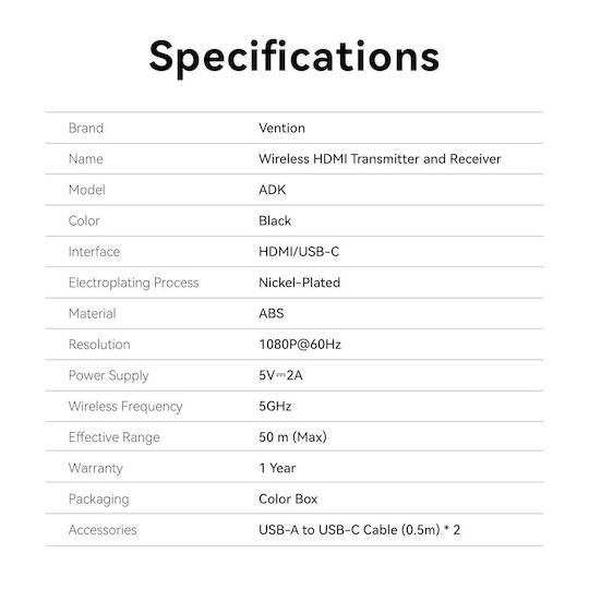Vention Transmițător Receiver Wireless Hdmi Negru Adkb0