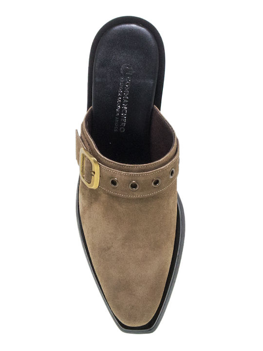 Leather Mules with Heel in Beige Colour