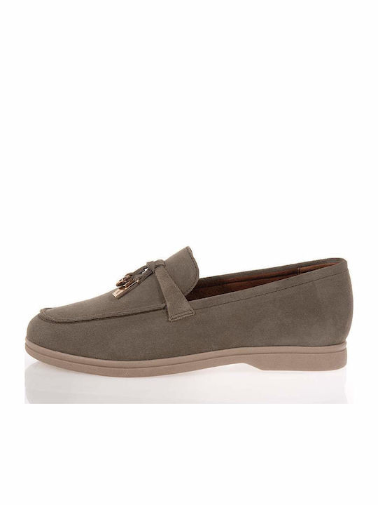 Leather Women's Loafers in Khaki Colour