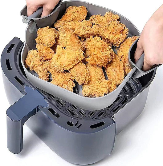 Formă Din Silicon Pentru Air Fryer Cuptor 20 X 20 X 6.5 Cm Mânere Antiaderentă Reutilizabilă Capacitate 1.5l Gri