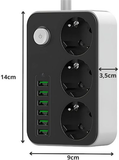 Bandă de Alimentare cu 3 Prize cu USB-A Comutator și Cablu de 2m