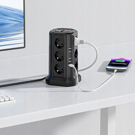 Bandă de Alimentare de Siguranță cu 12 Prize cu USB-A, Comutator și Cablu de 1,8m
