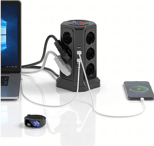 Bandă de Alimentare de Siguranță cu 12 Prize cu USB-A, Comutator și Cablu de 1,8m