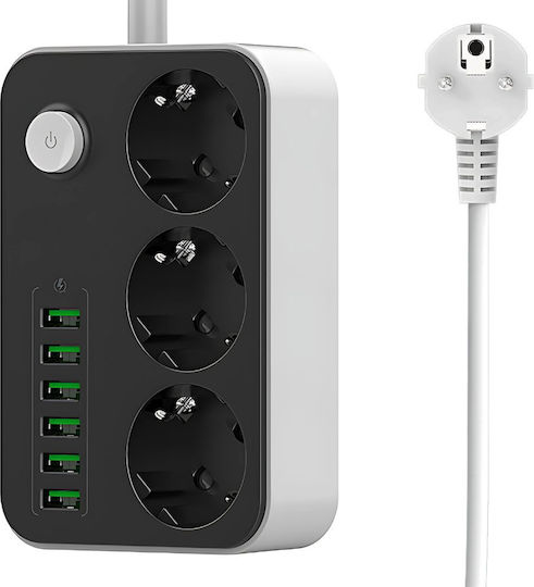 Bandă de Alimentare cu 3 Prize cu USB-A Comutator și Cablu de 2m
