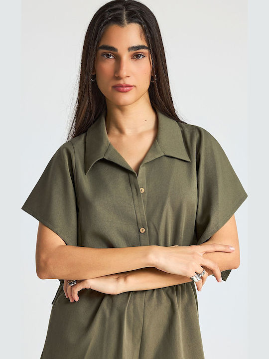 Women's Short Sleeve Khaki Jumpsuit