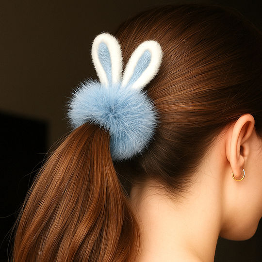 Avizar Klassischer Samt Scrunchy Flauschiges Haar Blau Kaninchenohren Blau