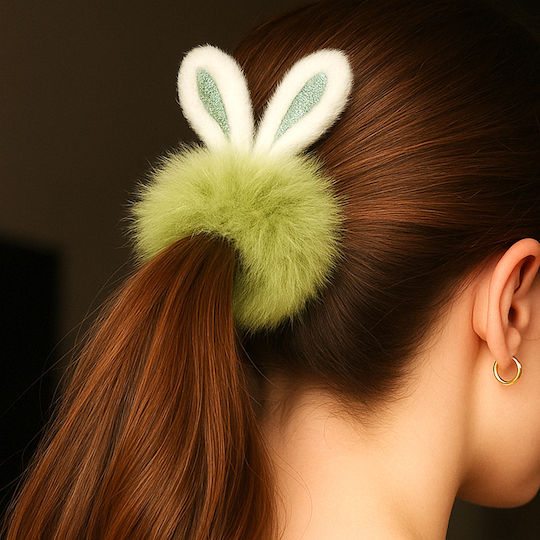 Avizar Scrunchie Clasic Pufos Pentru Păr Verde Urechi De Iepure Verzi