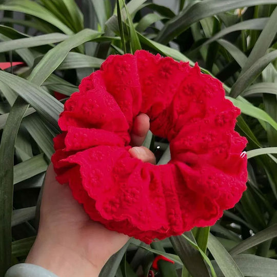 Avizar Scrunchie Clasic Pentru Păr Din Țesătură Brodată Vintage Chic Roșu Roșu