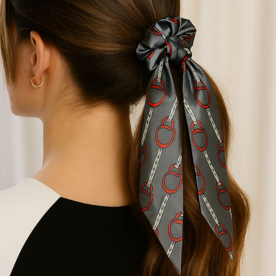 Avizar Scrunchie Дълъг Шал Сатен Косa Бароков Принт Сив Сиво