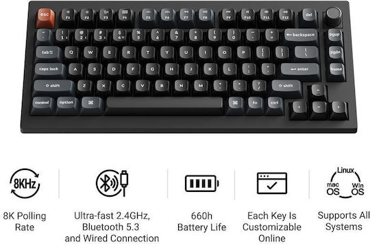 Keychron V1 Ultra 8K V1U-D3 Wireless Gaming Mechanical Keyboard 75% with Keychron Silk POM Brown Switches and RGB Lighting English US