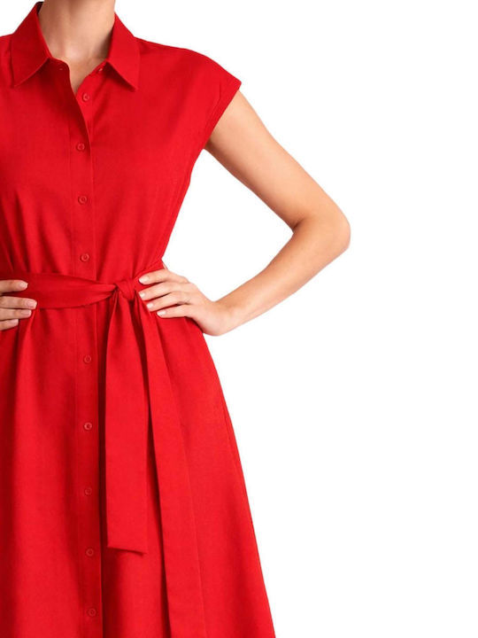 Summer Midi Shirt Dress Short Sleeve Red