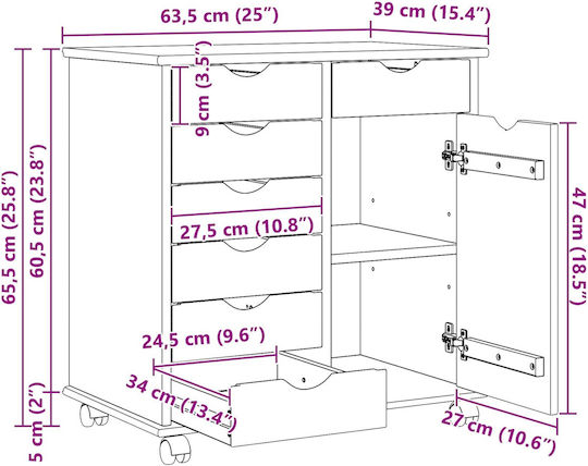 Office Drawer Made of Solid Wood Natural 63.5x39x65.5cm