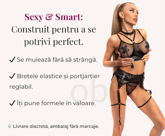 Set De Lenjerie Sexy 4 Bucăți Sutien Plasă Tanga Jartieră Și Colier Negru Piele Eco Ambalaj Cadou