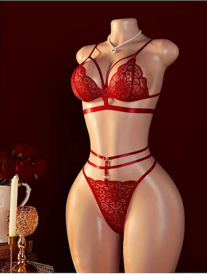 Sexy 2-piece Lingerie Set Bra & Thong Red Lace Straps + Gift Box Included