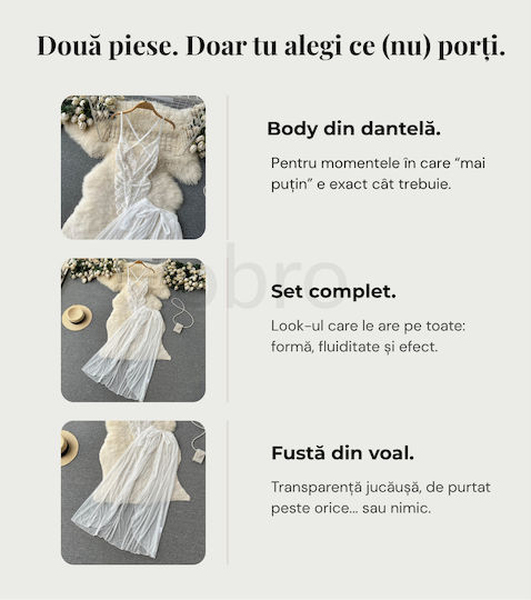Set De Lenjerie Sexy 2 Bucăți Alb Cu Dantelă Body Erotic Și Fustă Transparentă Din Voal Ambalaj Cadou