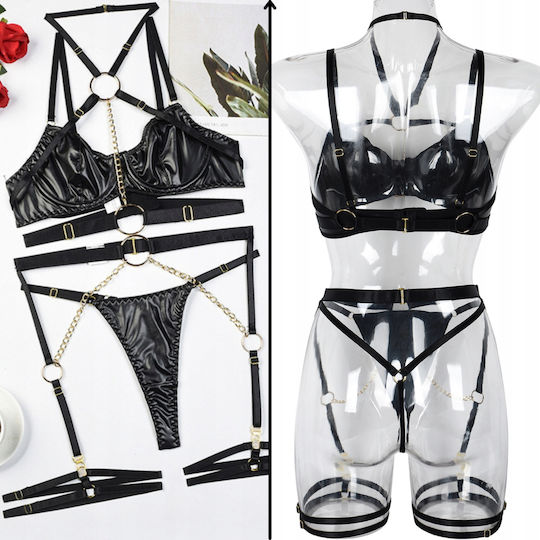 Set De Lenjerie Sexy 6 Bucăți – Body Harness Cupe Captusite Și Lanțuri Aurii Negre