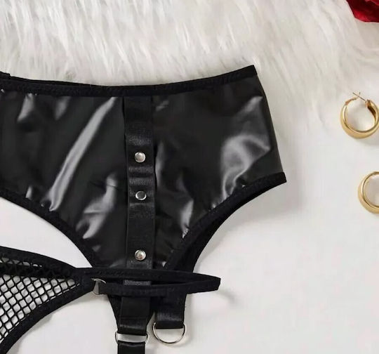 Set De Lenjerie Sexy 4 Bucăți Sutien Plasă Tanga Jartieră Și Colier Negru Piele Eco Ambalaj Cadou