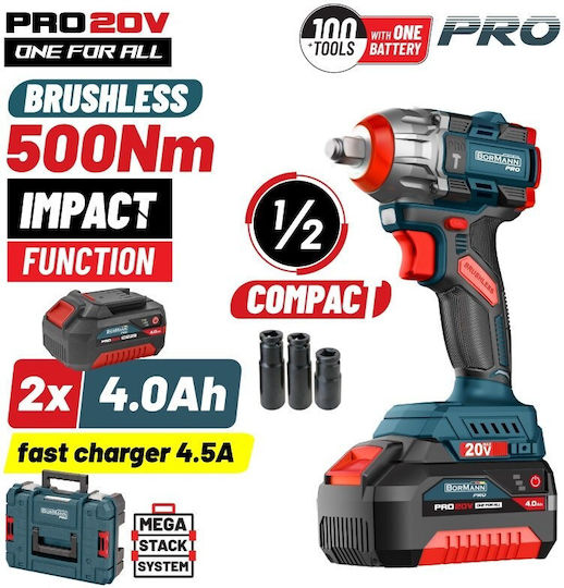 Bormann Pro BBP5422X44CA Brushless Impact Wrench Battery 20V 2x4Ah with Socket 1/2"