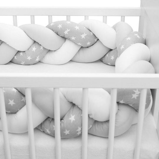 New Baby Crib Bumper Braided Inside Stars Grey White 225cm