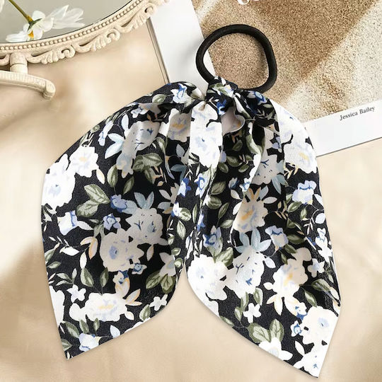 Elastic Scarf Hair Ribbon In Fleuri Veil Bohemian Black