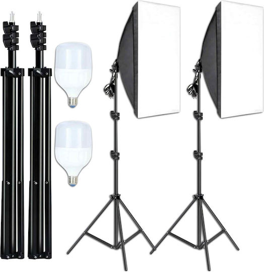 Set 2 Softboxuri Zola Lumină Continuă 5500 K 2 Becuri 30w 50x70 Cm Trepied Reglabil 95-200 Cm Filet 1/4" Aluminiu ABS Negru