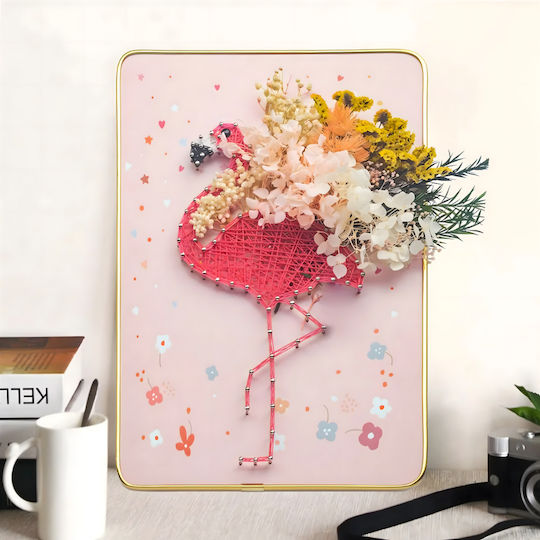 Set Creativ De Broderie Artă Cu Sfori Zola Lumini Led Placă De Lemn Perforată Suport Sfori Colorate Design Flori Flamingo 21 X 30 Cm