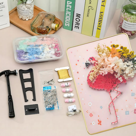 Set Creativ De Broderie Artă Cu Sfori Zola Lumini Led Placă De Lemn Perforată Suport Sfori Colorate Design Flori Flamingo 21 X 30 Cm