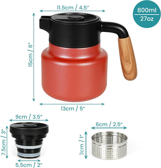 Belle Vous Pahar Termos Oțel Inoxidabil / Plastic 800ml Roșu cu Mâner