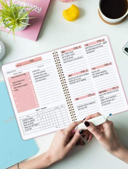 Spiral Planner Agenda Weekly Organization Habit Tracker To-do List Pink A5
