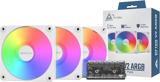 Montech GF120 V2 Case Fan (1600rpm / 66.3cfm) με ARGB Φωτισμό και Σύνδεση 3-Pin / 4-Pin PWM 3τμχ Λευκό