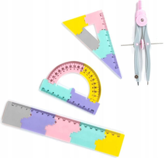 Set Geometrică 4 Piese Zola Riglă 20 Cm Set Echer Raportor Compas Curcubeu