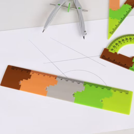 Set De 4 Piese Instrumente Geometrice Zola Riglă 20 Cm Set Echer Transportor Compas Design Minecraft