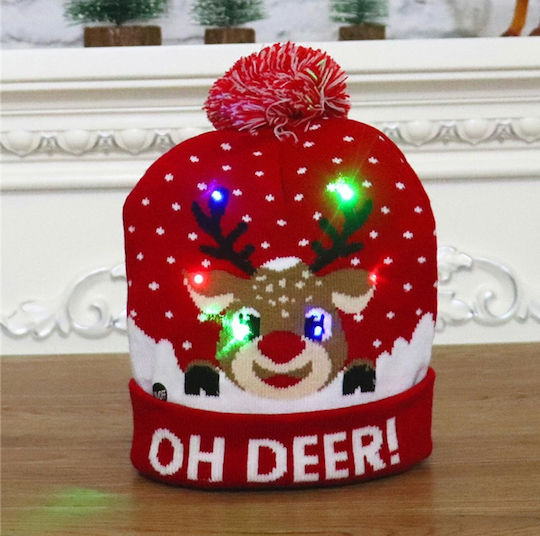 Caciula De Crăciun Cu Lumină Led Model Cu Reni Roșu Cu Pompon Tricotată Caldă O Mărime 21x20 Cm
