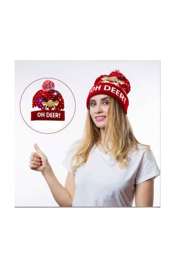 Caciula De Crăciun Cu Lumină Led Model Cu Reni Roșu Cu Pompon Tricotată Caldă O Mărime 21x20 Cm