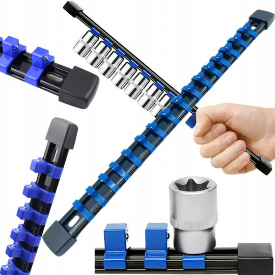 Organizator Șină Cu 16 Sloturi Chei Tubulare Mărimea 1/4" Cu Acționare Metal Plastic Pp 35 X 2,7 Cm Negru Albastru