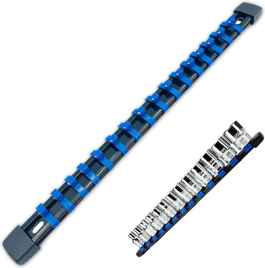 Organizator Șină Cu 16 Sloturi Chei Tubulare Mărimea 1/4" Cu Acționare Metal Plastic Pp 35 X 2,7 Cm Negru Albastru