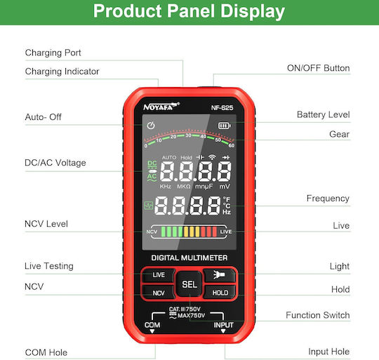 Noyafa Digital Multimeter with AC DC Temperature Measurement NF-625