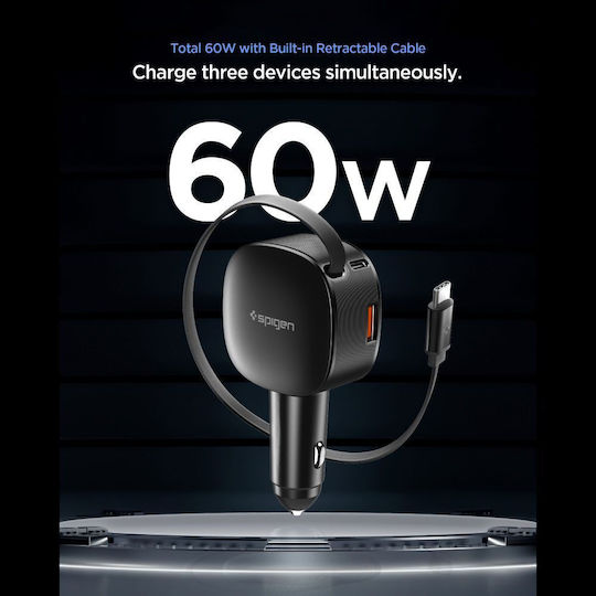 Spigen Essential Ev603bt Auto-Ladegerät 60W Schnellladung mit Anschlüssen: 1xUSB 2xType-C mit Kabel Typ-C,TC-TC Schwarz Farbe