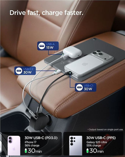 Spigen Essential Ev603bt Auto-Ladegerät 60W Schnellladung mit Anschlüssen: 1xUSB 2xType-C mit Kabel Typ-C,TC-TC Schwarz Farbe