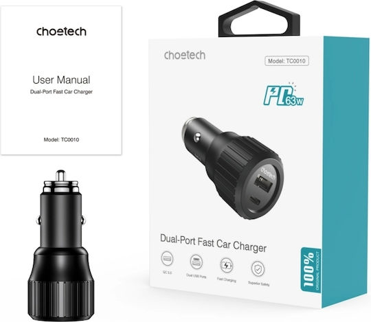 Choetech Choetech Handy-Autoladegerät 63W 3A mit Anschlüssen: 1xUSB-A 1xType-C Schwarz Farbe